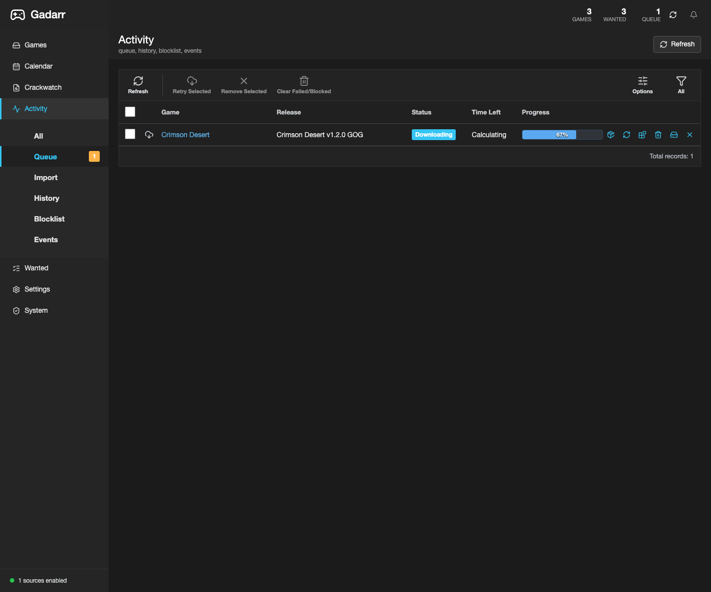 Gadarr activity queue with game progress