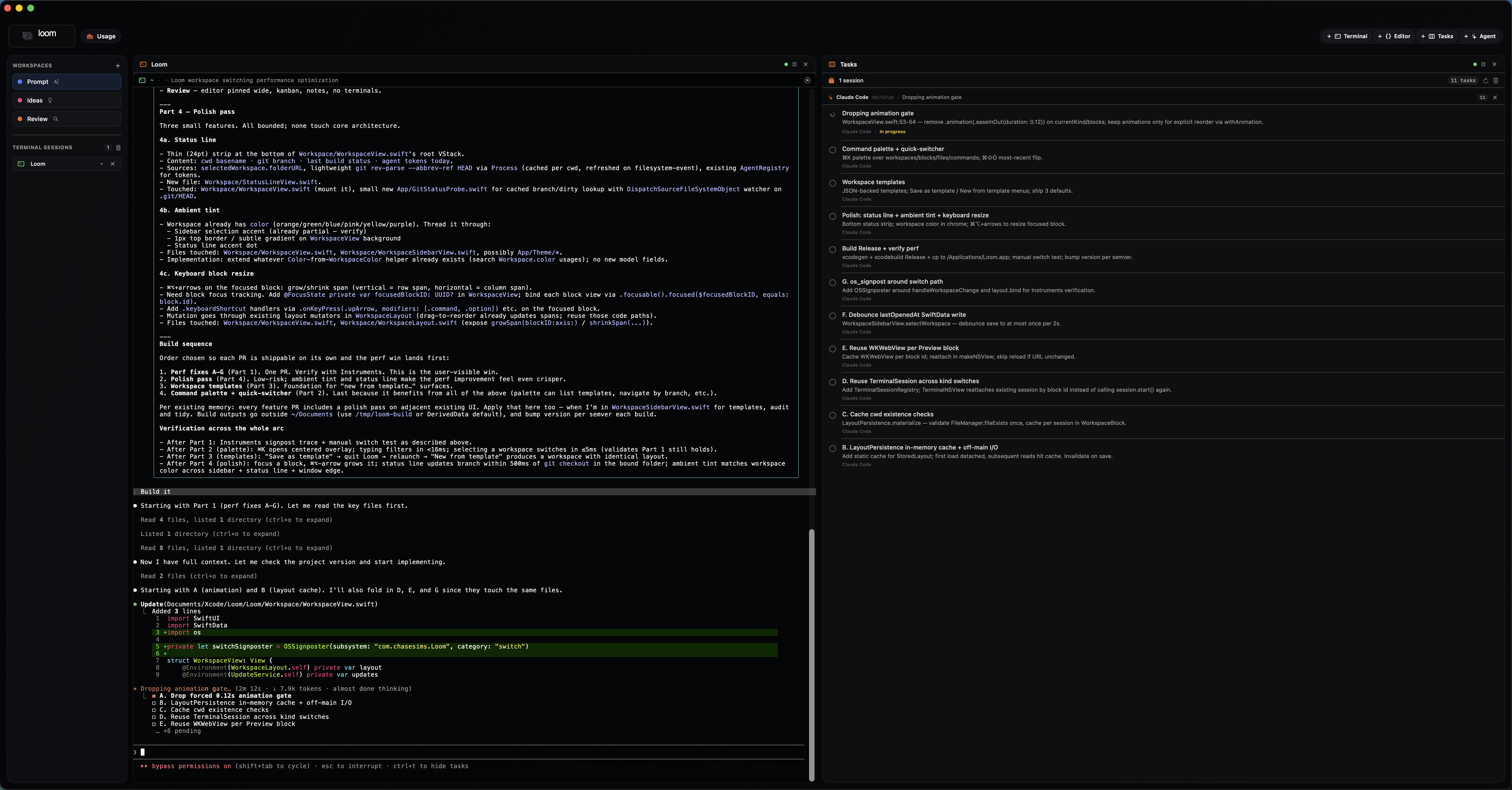 Loom — four-pane cockpit: editor, terminal, agent, task board