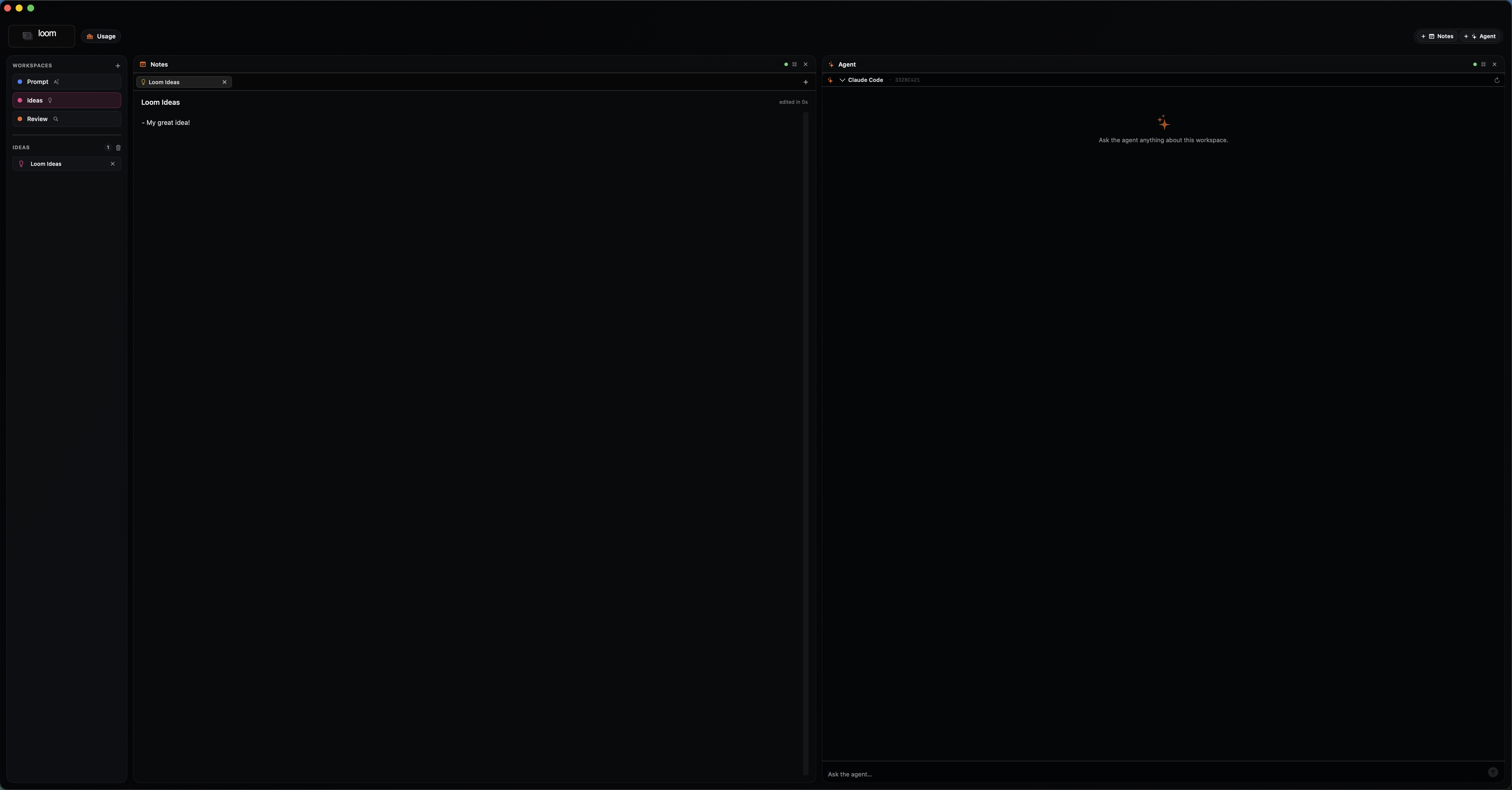 Loom — Notes workspace with agent pane