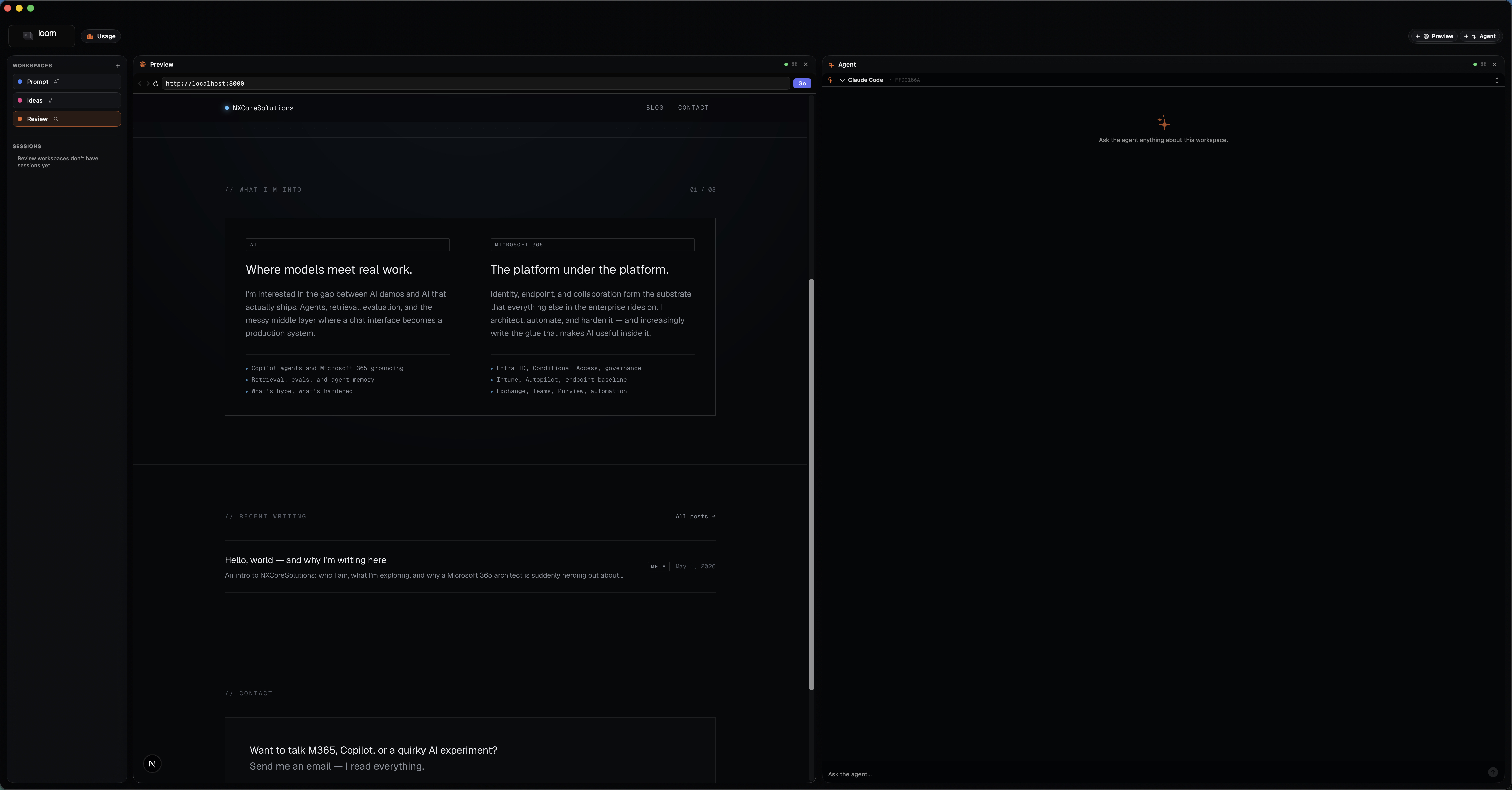 Loom — Preview workspace with live localhost preview and agent pane