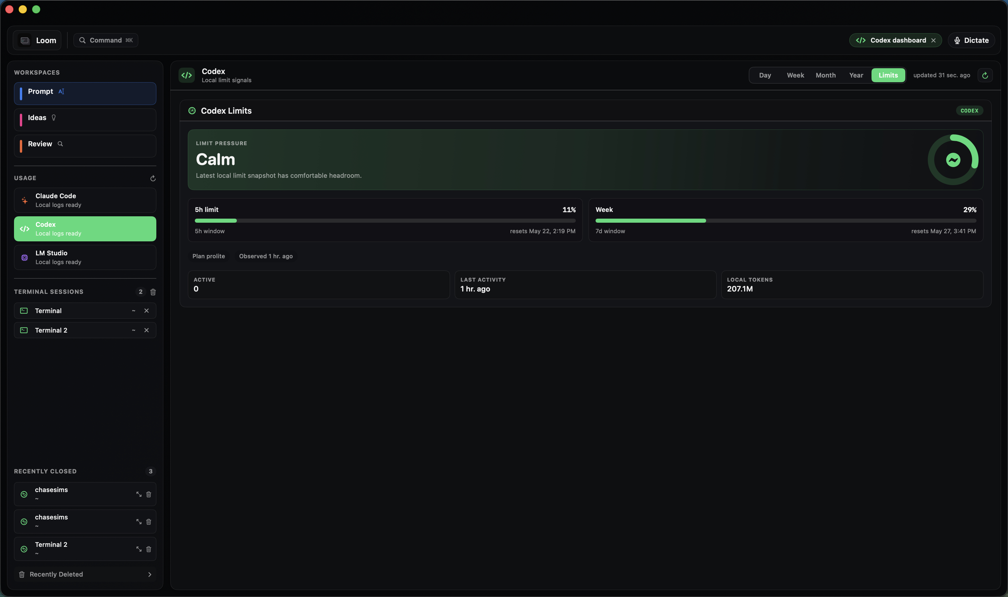 Loom — Codex limits dashboard with local quota signals